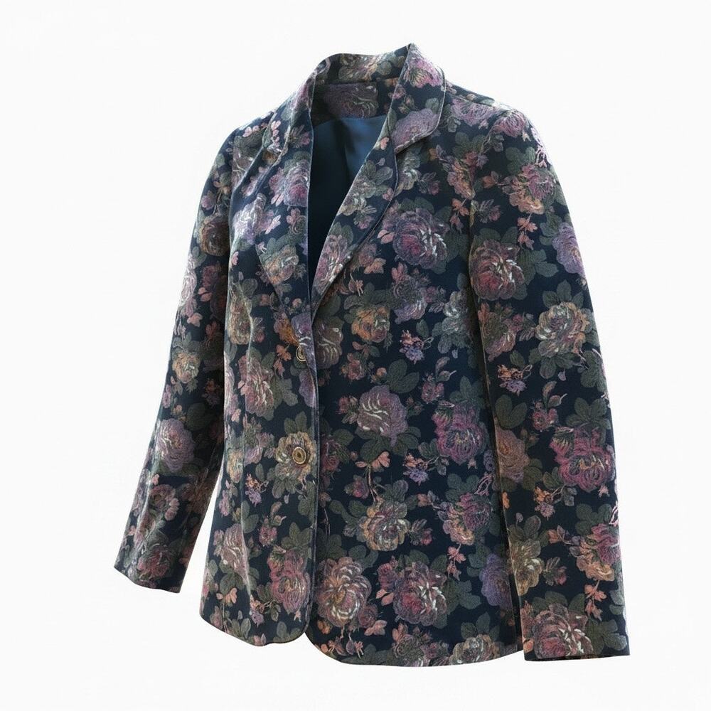 Paddle & Saddle Vintage 90s Floral Velvet Blazer Single Button Navy M